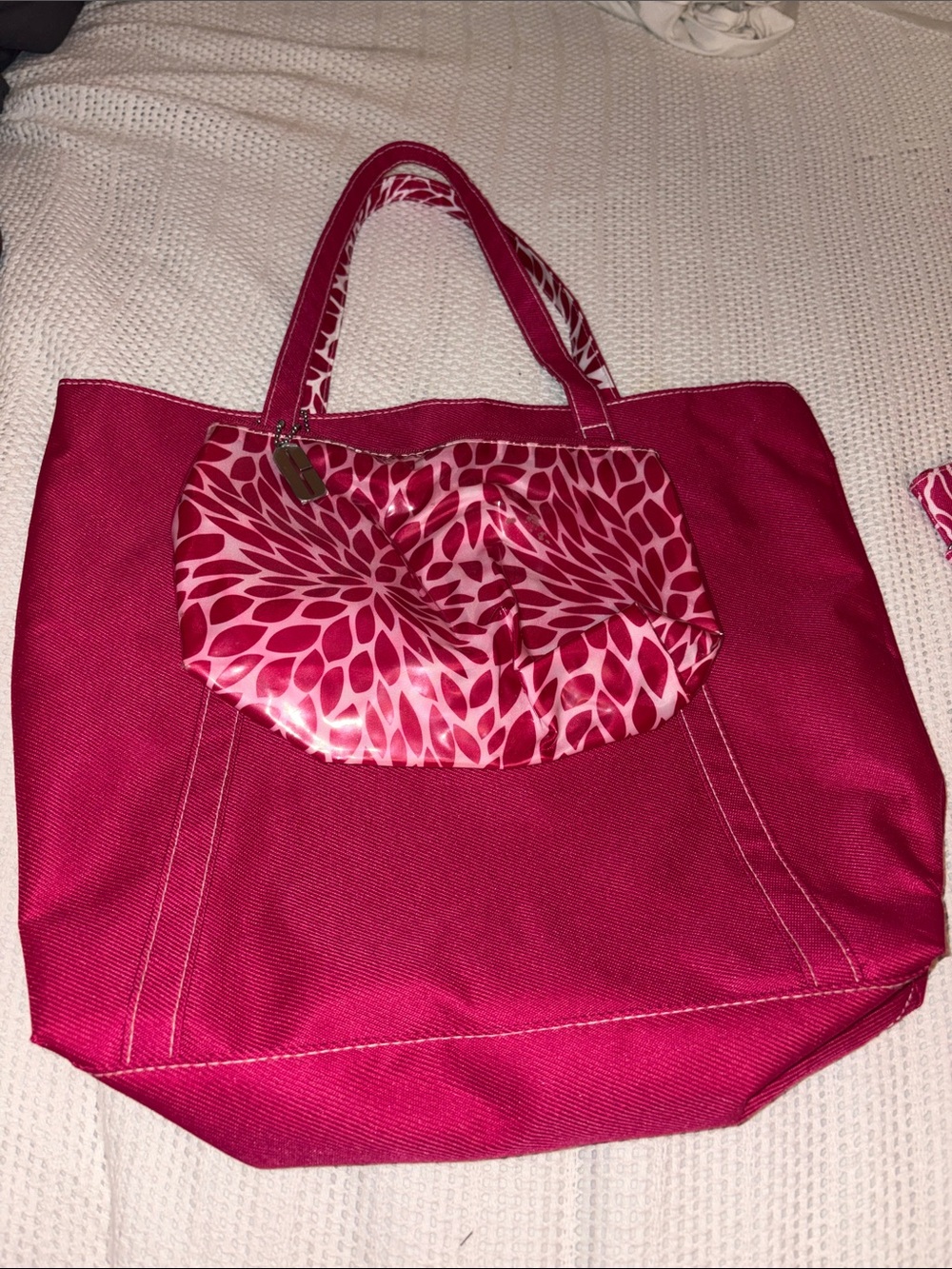 Clinique Bright Pink Tote with Floral Pocket Accent